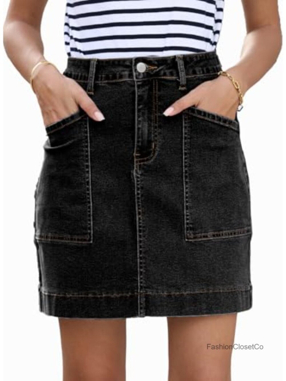 High Waisted Denim Jean Skirt with Pockets Knee Length